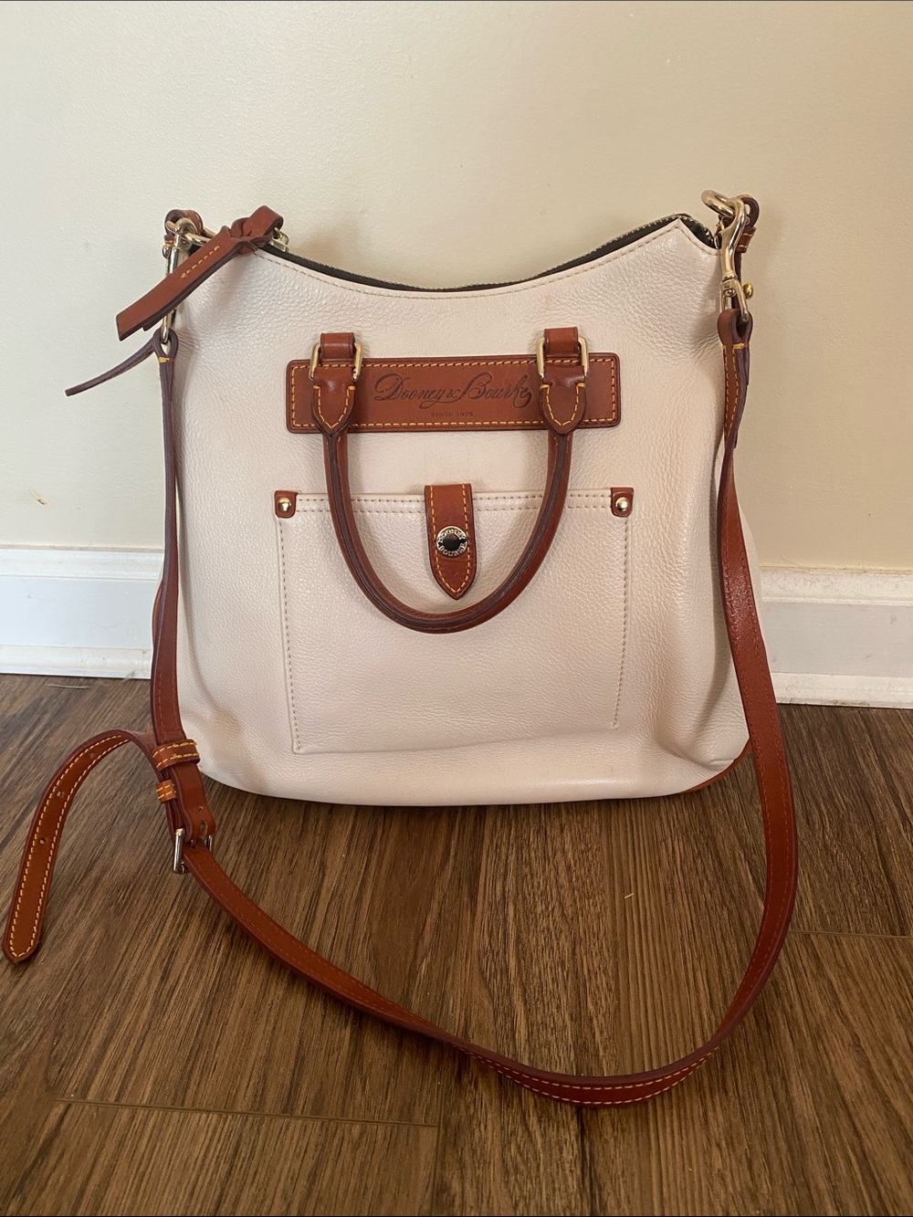 Dooney & Bourke buckle hobo bag front flap pocket cream and brown DIY project.